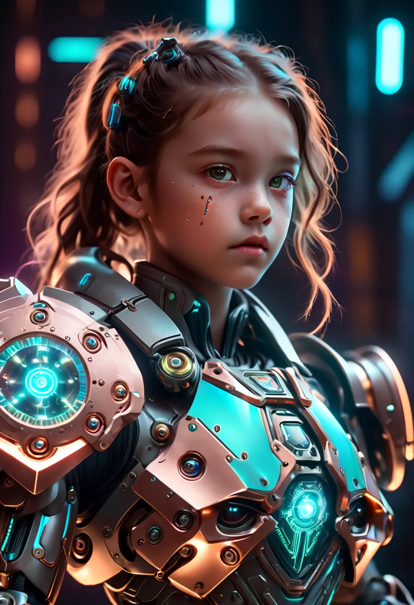 A girl from the future holding a large shield，cyberpunk，Holographic projection，Fault art，mechanical aesthetics，neon lights，Laser...