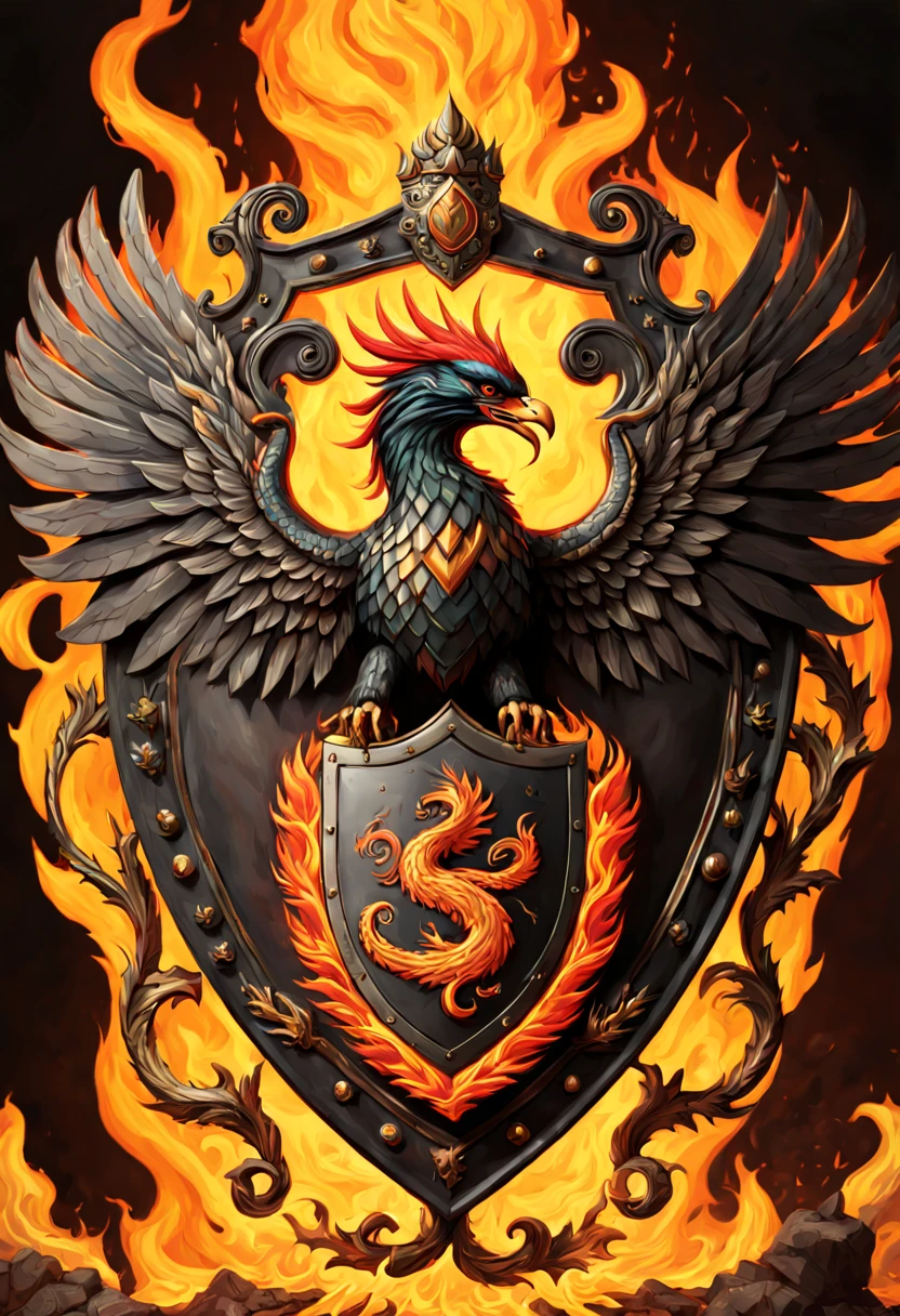 "(best quality,highres),intricate,beautiful phoenix bird and fanged snake battle shield with coat of arms,fire in the background,(maximalist,trending on Artstation),(hyperdetailed:1.1) composition,highly detailed fiery background,exquisite craftsmanship,richly decorated,eye-catching color palette,mesmerizing design,impressive scale,vivid colors,sharp focus"