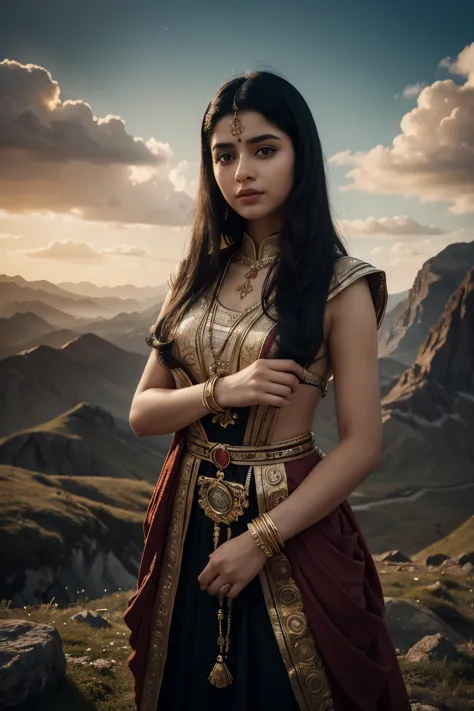 A girl with black hair and super detailed features, wearing an Indian girl's traditional outfit, standing in a surrealistic land...