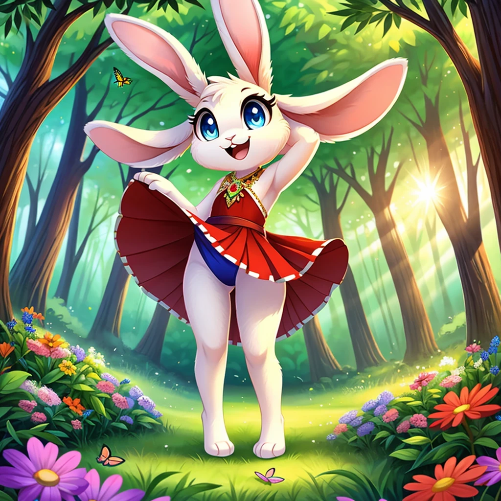 zoomed out image, ((solo character)), cute style art, fantasy style art, cute, adorable, short character, small, tiny little fluffy female white bunny with blue eyes, 4 ears, 2 extra ears, big floppy ears, long ears, ears perked up, raised ears, long eyelashes, skinny legs, large rabbit feet, long feet, poofy rabbit tail, wearing a red frilly ribbon dress, smiling, standing in a colorful fantasy forest, soft tones, big expressive smile, open mouth, wide eyes, excited eyes, excited face, stunning visuals, sunlight coming through the trees, flowers scattered in the bushes, butterflies in the air, digital illustration