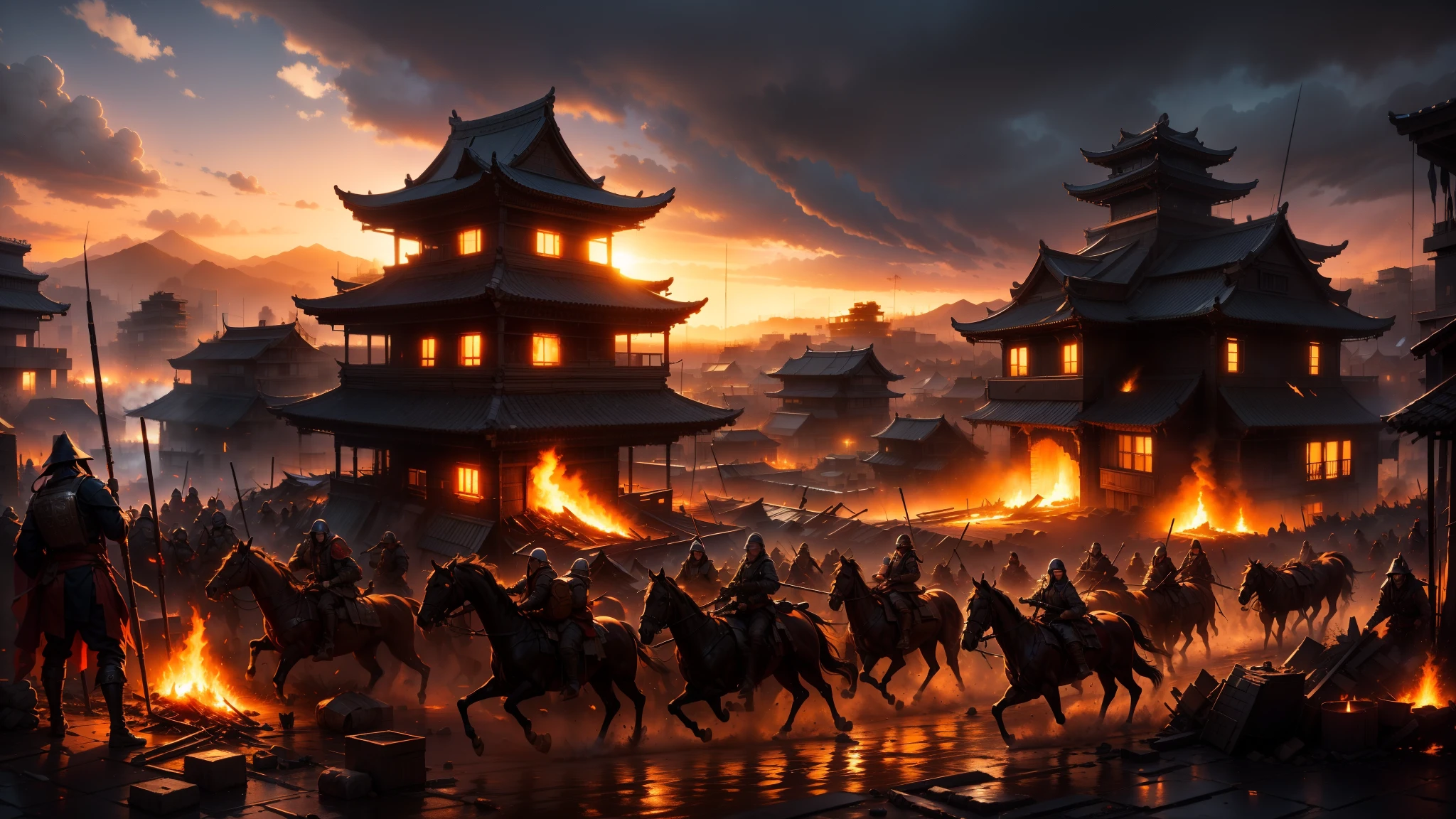 masterpiece，best quality，multiple persons，Soldier，Rios，night，bonfire，spear，knife，arms，，banner，horses，smoke，a burning city，flame，Burning and smoking building，Monte，lake，karo，Attack the city，kill，Apocalyptic style，Dark sky