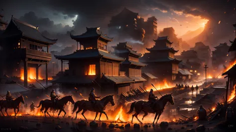 masterpiece，best quality，multiple persons，Soldier，Rios，night，bonfire，spear，knife，arms，，banner，horses，smoke，a burning city，flame，...