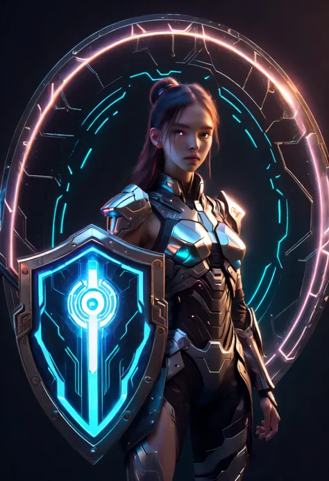 (legendary energy light shield:1.5)，sci-fi transparent ethereal shield，future girl holding a big shield，cyberpunk，holographic pr...