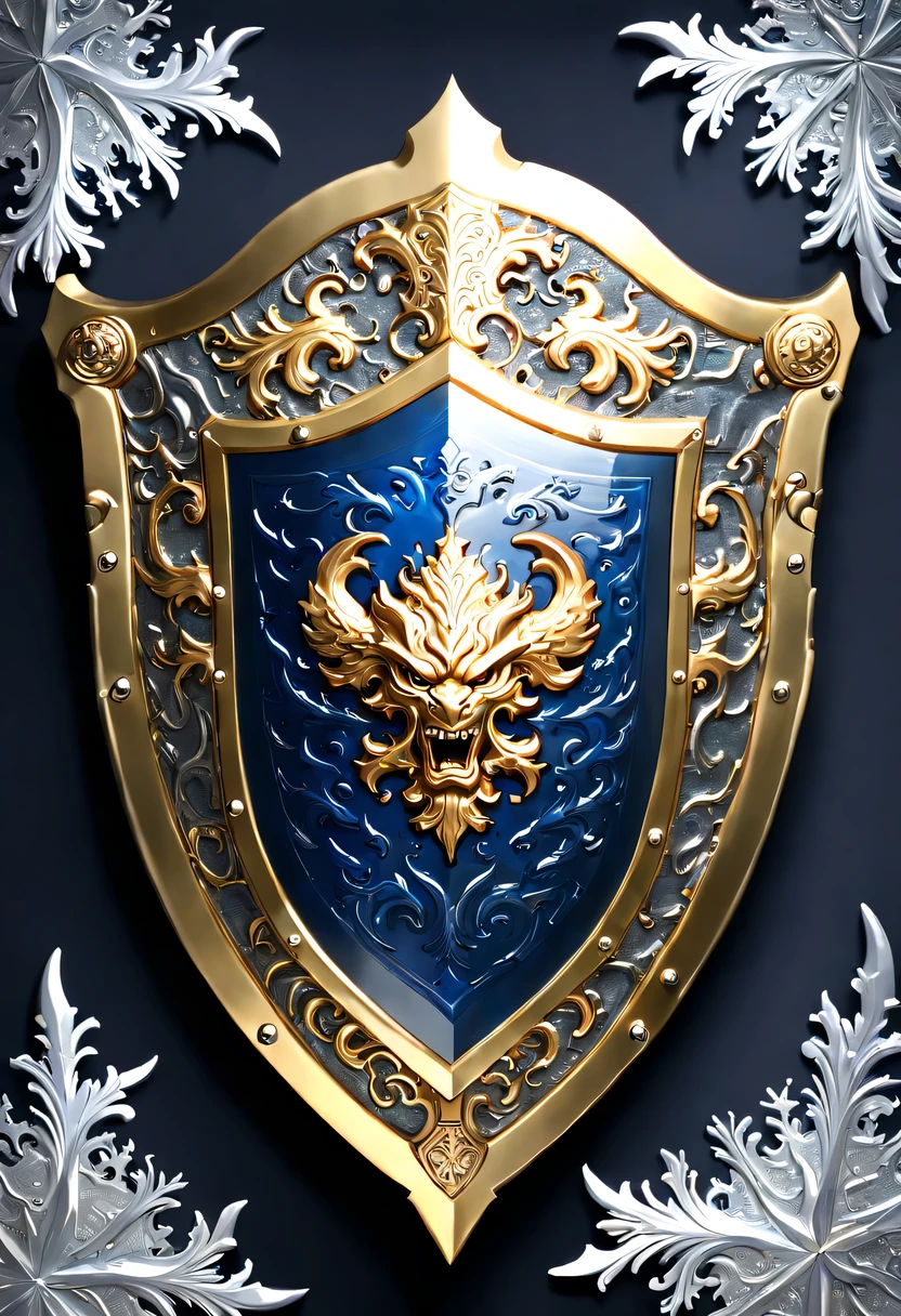 (8k, 16k, Award-winning, best quality, highest resolution, Super details, high detail, anatomically correct, masterpiece, stunning beauty), (金属shield: 1.3), 火焰内的魔法shield , shield, Detail decoration, Snowflake carving, exquisite craftsmanship , Legendary shields, Rare and precious, intricate details, 魔法shield由一种叫做山铜的金属制成, There are no gemstones, (Ancient characters are engraved on the inside of the shield: 1.2), Impeccable, platinum, white, Gold and silver, Trapped in a world of fire.