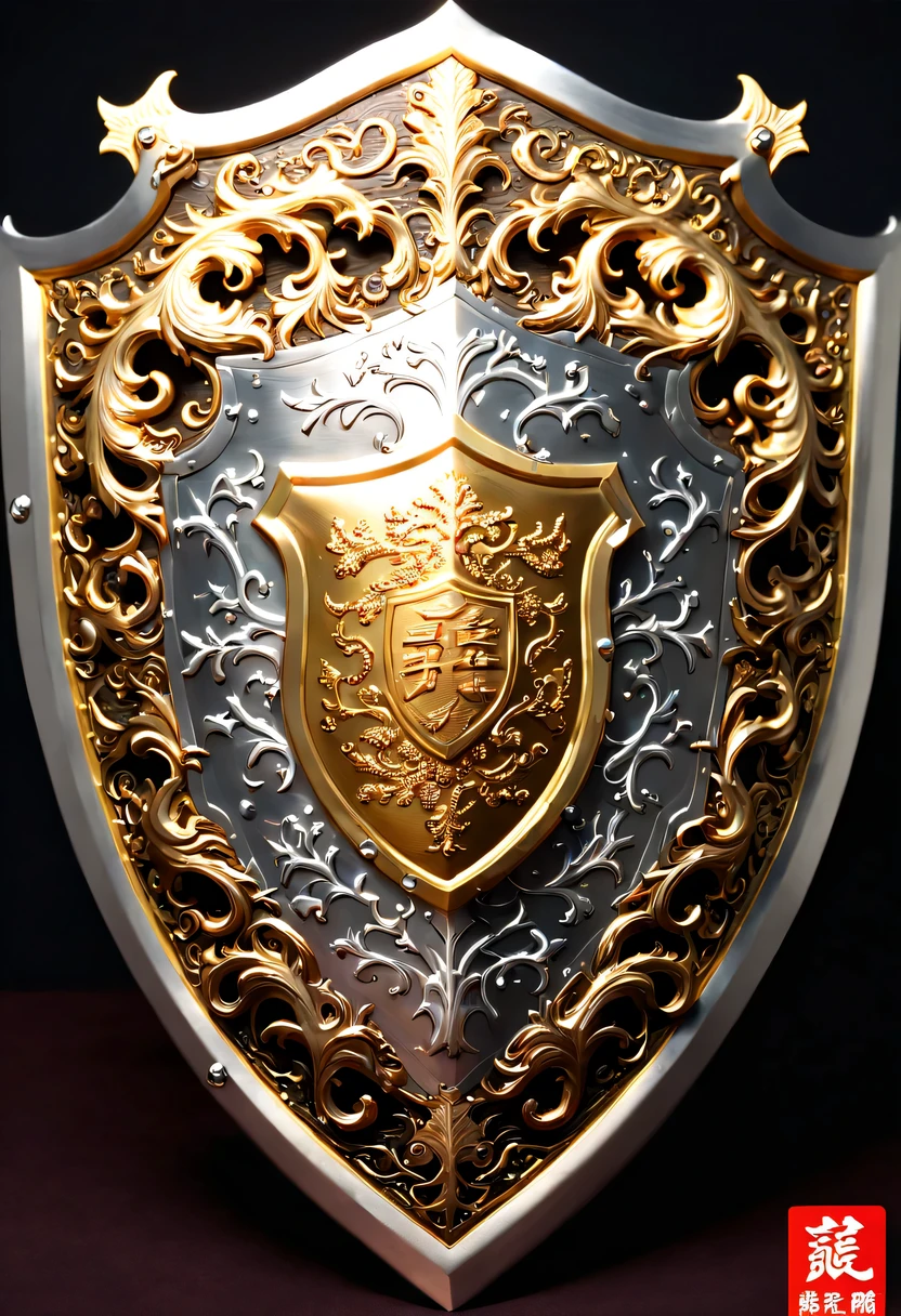 (8k, 16k, Award-winning, best quality, highest resolution, Super details, high detail, anatomically correct, masterpiece, stunning beauty), (金属shield: 1.3), 火焰内的魔法shield , shield, Detail decoration, Snowflake carving, exquisite craftsmanship , Legendary shields, Rare and precious, intricate details, 魔法shield由一种叫做山铜的金属制成, There are no gemstones, (Ancient characters are engraved on the inside of the shield: 1.2), Impeccable, platinum, white, Gold and silver, Trapped in a world of fire.