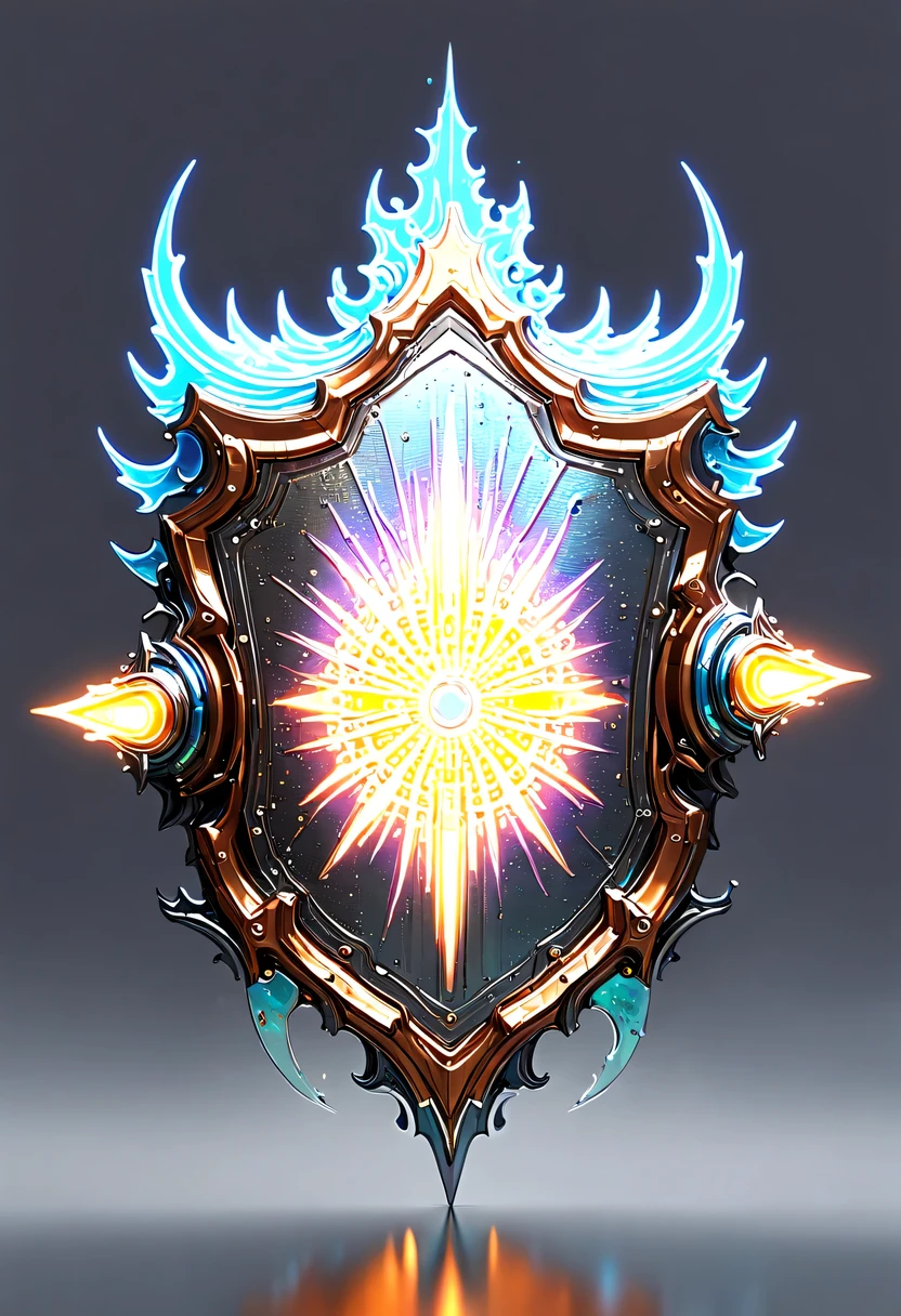 (8k, 16k, Award-winning, best quality, highest resolution, Super details, high detail, anatomically correct, masterpiece, stunning beauty), (金属shield: 1.3), 火焰内的魔法shield , shield, Detail decoration, Snowflake carving, exquisite craftsmanship , Legendary shields, Rare and precious, intricate details, 魔法shield由一种叫做山铜的金属制成, There are no gemstones, (Ancient characters are engraved on the inside of the shield: 1.2), Impeccable, platinum, white, Gold and silver, Trapped in a world of fire.