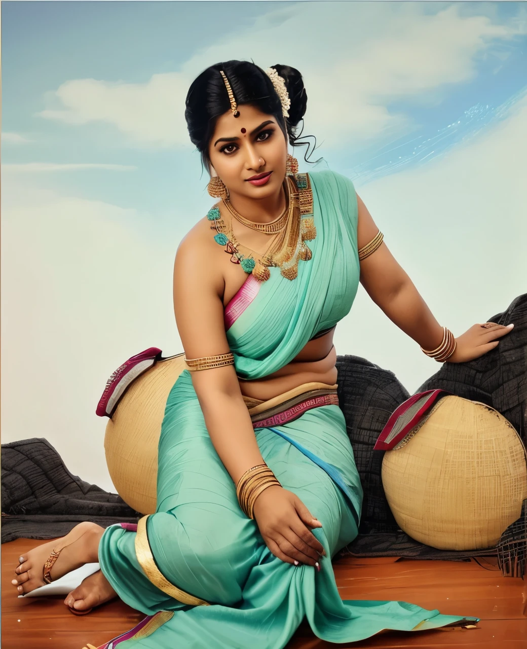 A woman in a blue sari sitting on a wooden floor - SeaArt AI