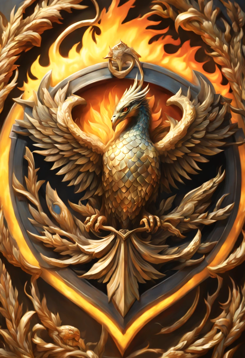 "(best quality,highres),intricate,beautiful phoenix bird and fanged snake battle shield with coat of arms,fire in the background,(maximalist,trending on Artstation),(hyperdetailed:1.1) composition,highly detailed fiery background,exquisite craftsmanship,richly decorated,eye-catching color palette,mesmerizing design,impressive scale,vivid colors,sharp focus"