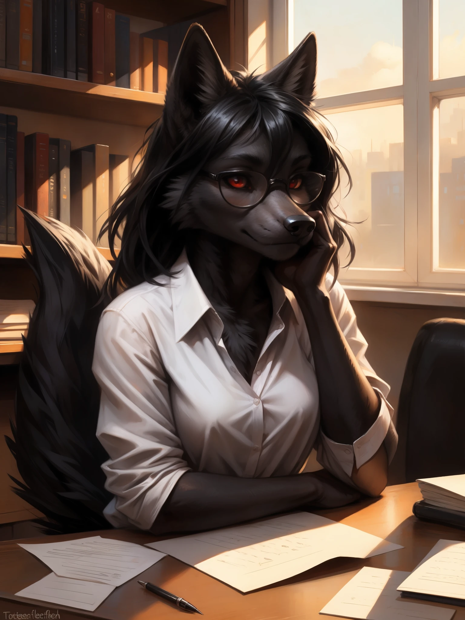 by kenket, by totesfleisch8, (by thebigslick, by silverfox5213:0.8), (by syuro:0.2), a dark grey wolf, female, red eyes, white sclera, nlack wolf ears, long black hair, straight black bangs, cute snout, black nose, black wolf tail, wearing white button up shirt, black skirt, black leggings, elegant glasses, serious expression, sitting, behind a teachers desk, in an office, leaning on her desk, one hand on her face, holding a pen writing on a piece of paper