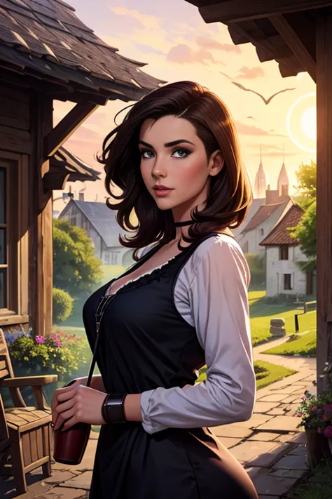 realistic dunkel oil painting of a young beautiful girl in ragged clothesin a medieval village at sunrise, large sexy perfect , ...