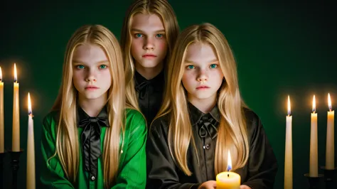 KIDS MAN vampire blonde LONG HAIR green clothes. and candles, green light candles., GREEN BACKGROUND banished of sin
