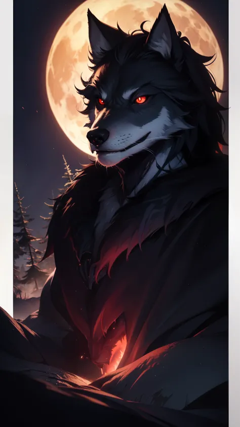 A 3D portrait of a very epic werewolf transformation in the full moon a realistic forest background glowing red eyes full HDR 8K