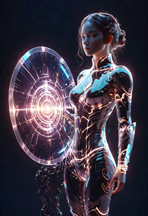 Future female knight holding a large shield，(Legendary Energy Light Shield:1.5)，Sci-fi transparent ethereal shield，cyberpunk，Hol...