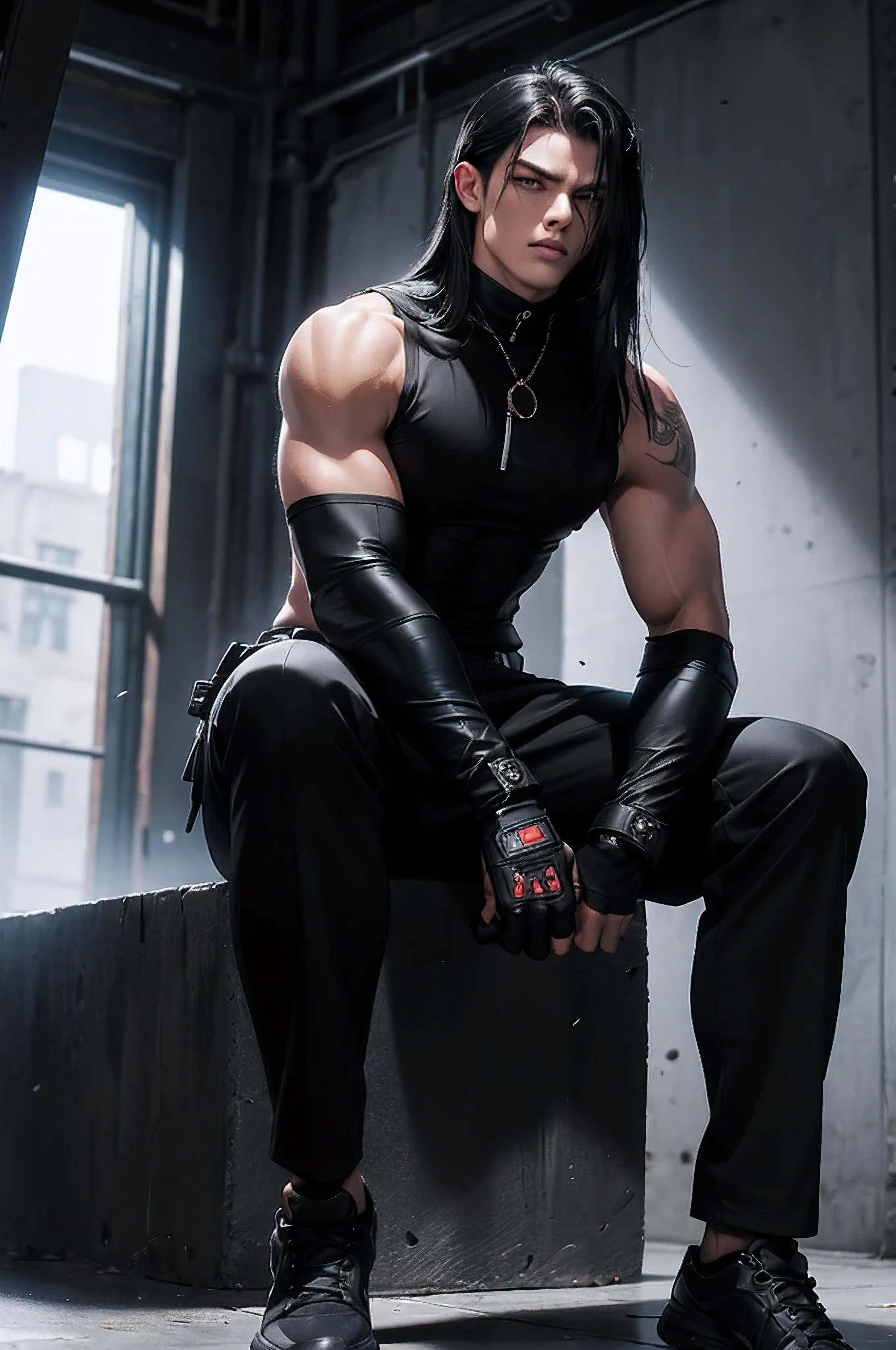 Long black hair, red eyes, athletick body, buffed body, sad looking, black trousers, grey tunic, black shoes, medival, black punk gloves, aggrasive looking, full body, 4k hd, extra-detailed, extra details.