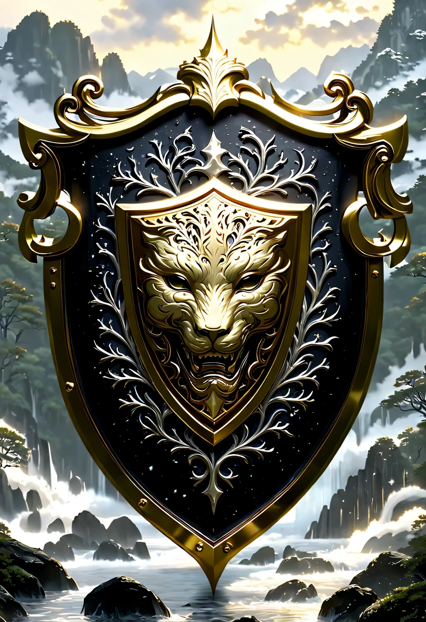 (8k, 16K, Award-winning, best quality, highest resolution, Super details, high detail, anatomically correct, masterpiece, stunning beauty), (Metal shield: 1.3), Smart shield inside the vine , shield, Detail decoration, Snowflake carving, exquisite craftsmanship , Legendary shields, Rare and precious, intricate details, Smart shields are made of a metal called orichalcum., There are no gemstones, (Ancient characters are engraved on the inside of the shield: 1.2), Impeccable, platinum, white, Gold and silver, Trapped in a world of vines.