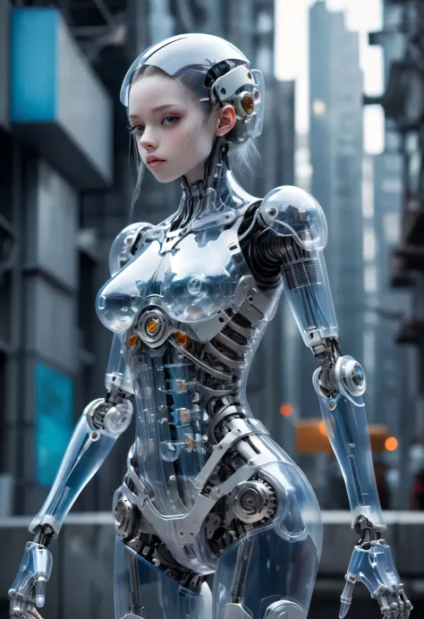 Translucent ethereal mechanical girl，Futuristic girl，Mechanical joint，mecha girl，futuristic city background