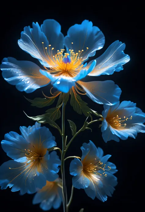 masterpiece, best quality, illustration, blue flower, (dynamic lighting: 1.2), Cinema lighting, delicate brushstrokes, a translucent flower on a black background, delicate and bright flower, Bright platinum texture, luminous flowers, bright flowers, ethere...