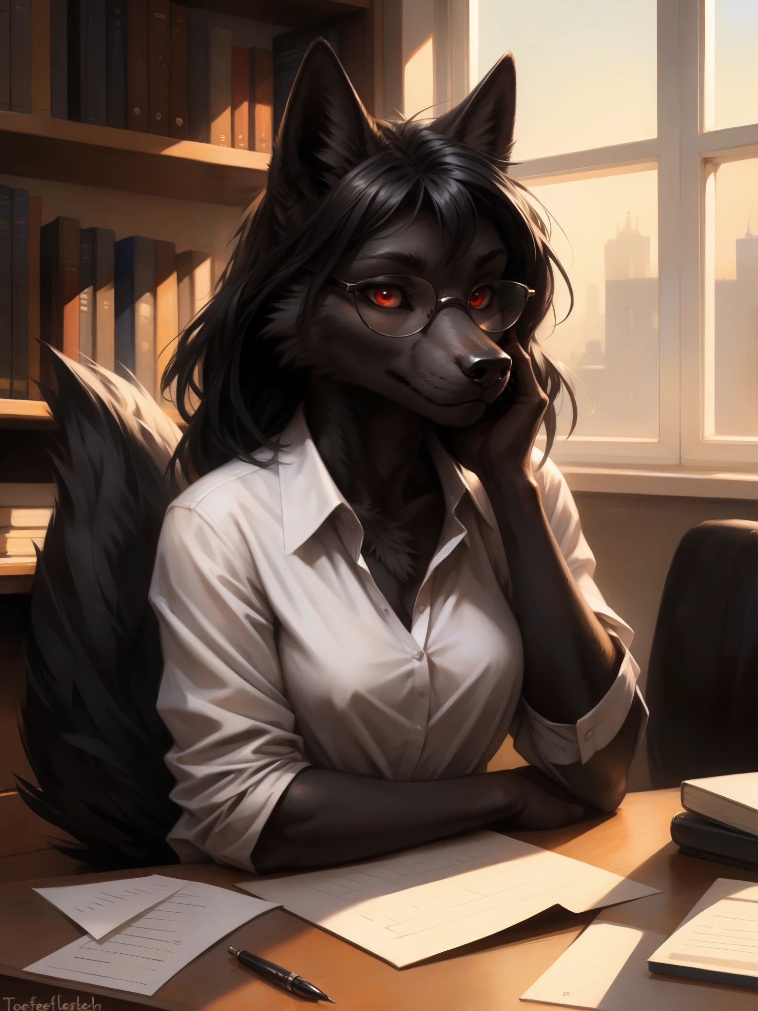 by kenket, by totesfleisch8, (by thebigslick, by silverfox5213:0.8), (by syuro:0.2), a dark grey wolf, female, red eyes, white sclera, black wolf ears, long black hair, straight black bangs, cute snout, black nose, black wolf tail, wearing white button up shirt, black skirt, black leggings, elegant glasses, serious expression, sitting, behind a teachers desk, in an office, leaning on her desk, one hand on her face, holding a pen writing on a piece of paper