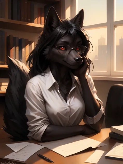 by kenket, by totesfleisch8, (by thebigslick, by silverfox5213:0.8), (by syuro:0.2), a dark grey wolf, female, red eyes, white s...