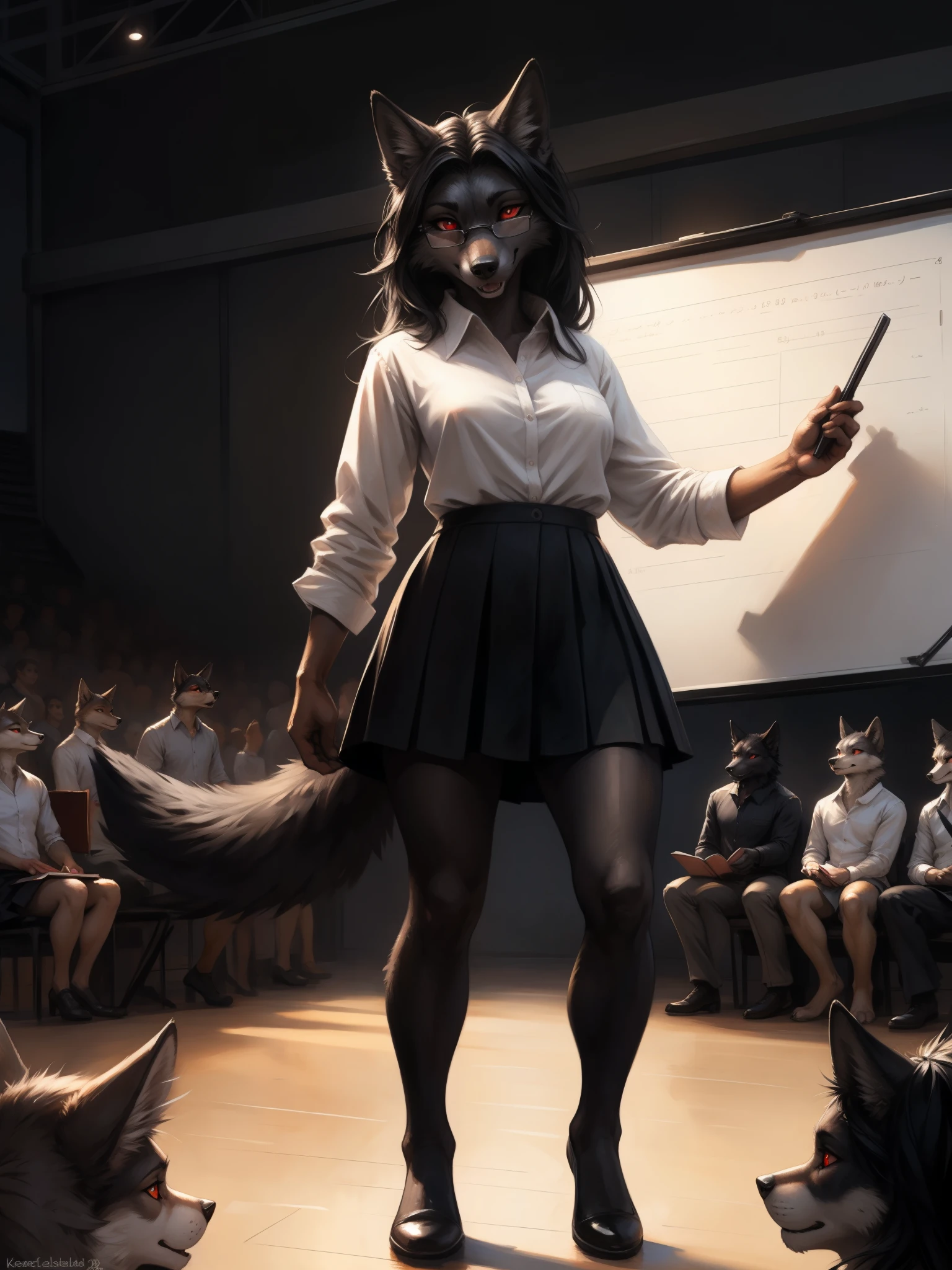 by kenket, by totesfleisch8, (by thebigslick, by silverfox5213:0.8), (by syuro:0.2), a dark grey wolf, female, red eyes, white sclera, nlack wolf ears, long black hair, straight black bangs, cute snout, black nose, black wolf tail, wearing white button up shirt, black skirt, black leggings, elegant glasses, serious expression, (mouth open):1.3, standing in front of a white board, advanced theoretical physics calculations on the white board, in a big open auditorium with a bunch of students in the audience, holding a book