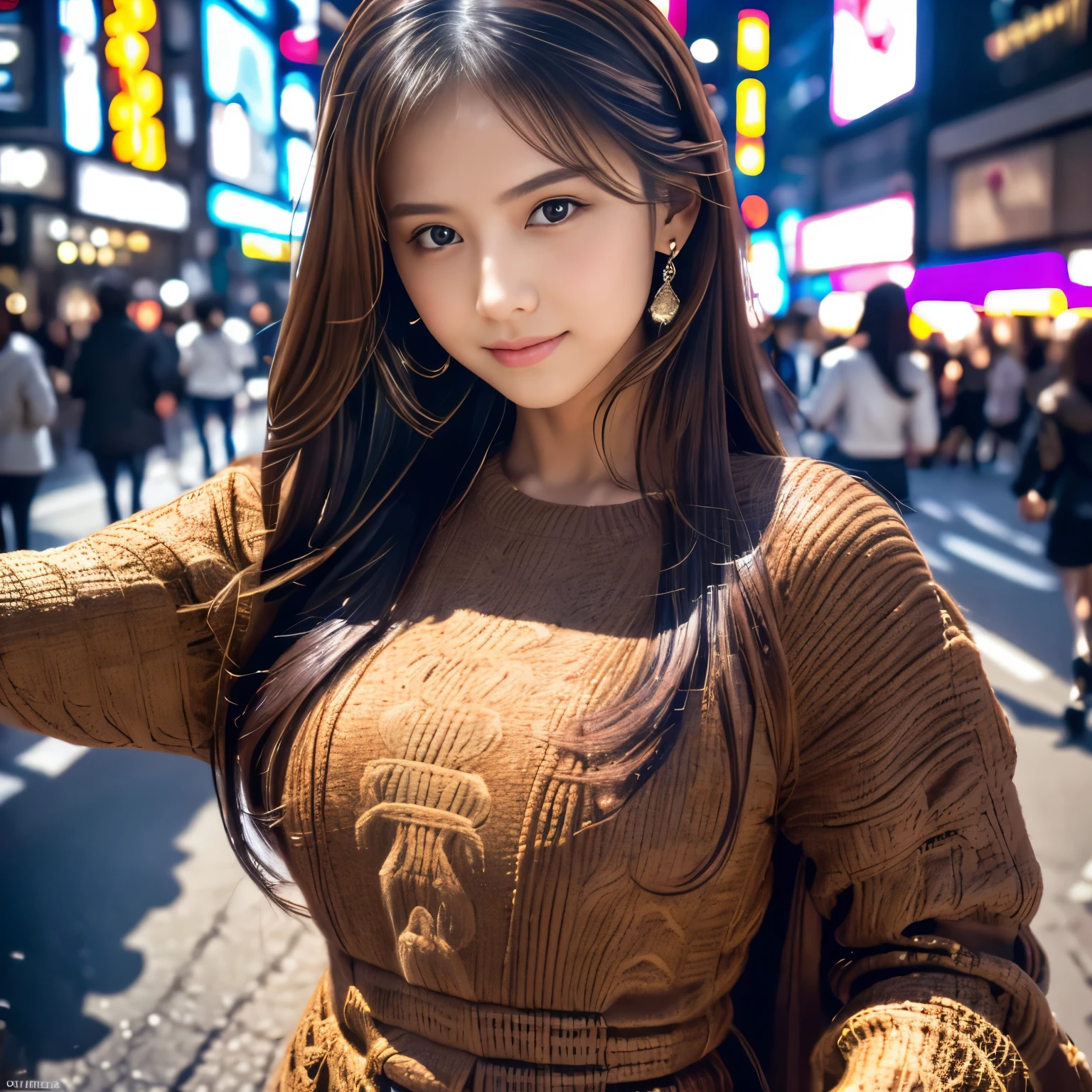 a pretty woman, long purple hair, brown eyes, symmetrical face, takes a selfie with a smartphone, a busy shopping street in Tokyo, lots of details, highly detailed cinematography, extreme detail, bestview, highly detailed graphics, hyper detailed, cinematic, 8k, vivid, vibrant  Colors, lighting shaders cinematic style, beautiful lighting, dynamic lighting, photo taken with Nikon D750, intricate, scenic, hyperrealistic, 8k