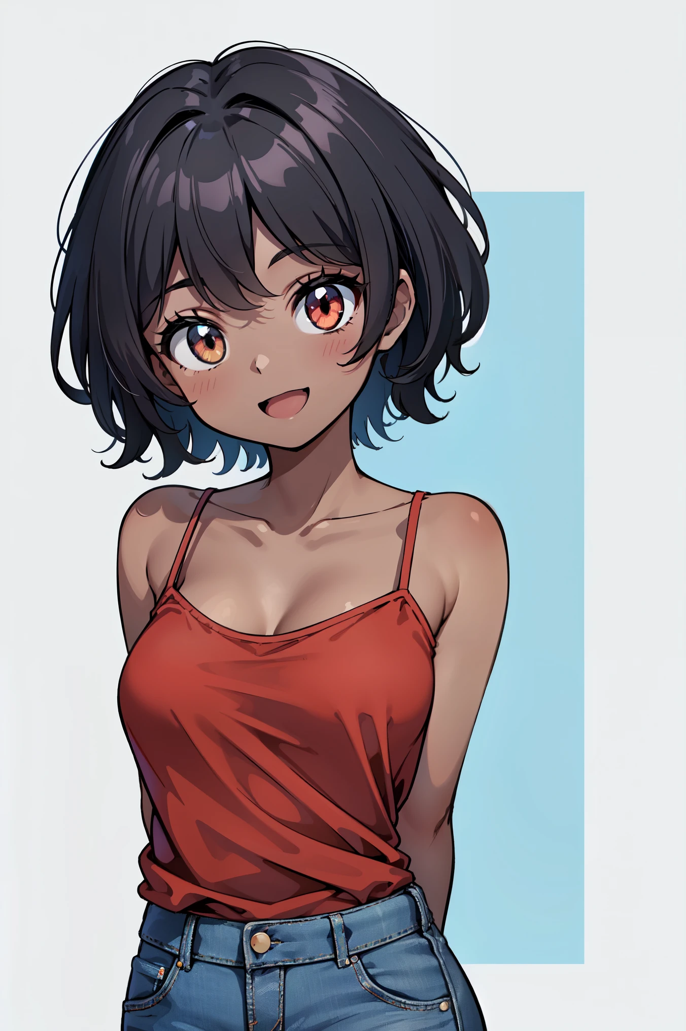 Chica anime con pelo corto y top rojo posando para una foto. - SeaArt AI