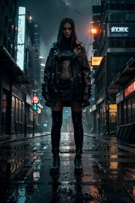 best quality,4k,8k,highres,masterpiece:1.2,ultra-detailed,realistic:1.37,cyberpunk urban,neon-filled streets,futuristic cityscape,glowing skyscrapers,technological advancements,holographic advertisements,flying cars,electric blue color palette,nighttime ambiance,vivid colors,sharp focus,city in the rain,reflective surfaces,blurred motion lights,hovering drones,dystopian atmosphere,grimy alleyways,steam rising from manholes,mysterious figures in trench coats,cybernetic enhancements,smoky vapor,high-tech gadgets,glimmering city lights,heavy rain pouring from dark clouds,electricity sparks,imposing architecture,abandoned industrial buildings,rumbling thunder in the distance,glitchy visual distortions,omnipresent surveillance cameras,subtle neon reflections on wet pavement,shadowy figures lurking in the corners,striking contrast between light and darkness,high-tech computer screens,hustle and bustle of crowded streets,imposing mega-corporate logos illuminating the skyline.