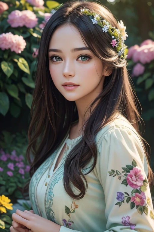 A girl in a garden,colorful flowers,gentle sunlight,green grass,beautiful detailed eyes,beautiful detailed lips,extremely detailed eyes and face,longeyelashes,oil painting,ultra-detailed,realistic:1.37,best quality,4k,8k,highres,masterpiece:1.2,ultra-fine painting,physically-based rendering,studio lighting,professional,vivid colors,bokeh,portraits,colorful tone,soft lighting