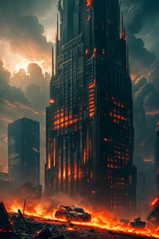 A chaotic futuristic scene with towering skyscrapers collapsing, engulfed in flames and thick smoke, (devastating destruction, crumbling structures), surrounded by desolate ruins and debris. The polluted, toxic atmosphere is filled with (dark ashes, billowing smoke), creating an ominous, apocalyptic atmosphere. In the midst of the chaos, robotic creatures resembling spiders and snakes (emerge menacingly, crawl on the wreckage), their pulsating red eyes (glowing ominously, illuminating the darkness). The remnants of advanced technology can be seen scattered throughout the scene, (twisted metal, malfunctioning circuitry), emphasizing the catastrophic impact on the technological world.

The image quality is of the highest standards, with (best quality, 4k, highres, masterpiece:1.2) resolution, showcasing every minute detail. The scene exhibits (realistic, photorealistic, photo-realistic:1.37) rendering, capturing the intricate textures and destruction with precision. The lighting casts dramatic shadows and highlights, with a mix of artificial neon lights flickering and natural moonlight piercing through the smoke, creating an otherworldly ambiance.

The color palette leans towards desaturated tones, reflecting the desolation and destruction, with hints of vibrant neon colors standing out amidst the gloom. The contrast between the fiery reds and oranges of the burning skyscrapers and the cool blues of the wreckage adds to the surreal and haunting atmosphere of the scene.