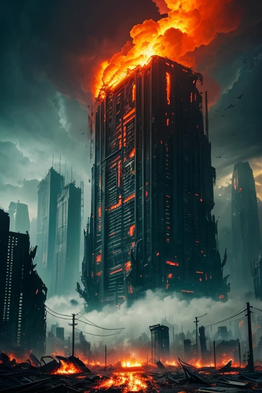 A chaotic futuristic scene with towering skyscrapers collapsing, engulfed in flames and thick smoke, (devastating destruction, crumbling structures), surrounded by desolate ruins and debris. The polluted, toxic atmosphere is filled with (dark ashes, billowing smoke), creating an ominous, apocalyptic atmosphere. In the midst of the chaos, robotic creatures resembling spiders and snakes (emerge menacingly, crawl on the wreckage), their pulsating red eyes (glowing ominously, illuminating the darkness). The remnants of advanced technology can be seen scattered throughout the scene, (twisted metal, malfunctioning circuitry), emphasizing the catastrophic impact on the technological world.

The image quality is of the highest standards, with (best quality, 4k, highres, masterpiece:1.2) resolution, showcasing every minute detail. The scene exhibits (realistic, photorealistic, photo-realistic:1.37) rendering, capturing the intricate textures and destruction with precision. The lighting casts dramatic shadows and highlights, with a mix of artificial neon lights flickering and natural moonlight piercing through the smoke, creating an otherworldly ambiance.

The color palette leans towards desaturated tones, reflecting the desolation and destruction, with hints of vibrant neon colors standing out amidst the gloom. The contrast between the fiery reds and oranges of the burning skyscrapers and the cool blues of the wreckage adds to the surreal and haunting atmosphere of the scene.