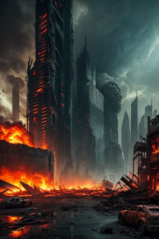 A chaotic futuristic scene with towering skyscrapers collapsing, engulfed in flames and thick smoke, (devastating destruction, crumbling structures), surrounded by desolate ruins and debris. The polluted, toxic atmosphere is filled with (dark ashes, billowing smoke), creating an ominous, apocalyptic atmosphere. In the midst of the chaos, robotic creatures resembling spiders and snakes (emerge menacingly, crawl on the wreckage), their pulsating red eyes (glowing ominously, illuminating the darkness). The remnants of advanced technology can be seen scattered throughout the scene, (twisted metal, malfunctioning circuitry), emphasizing the catastrophic impact on the technological world.

The image quality is of the highest standards, with (best quality, 4k, highres, masterpiece:1.2) resolution, showcasing every minute detail. The scene exhibits (realistic, photorealistic, photo-realistic:1.37) rendering, capturing the intricate textures and destruction with precision. The lighting casts dramatic shadows and highlights, with a mix of artificial neon lights flickering and natural moonlight piercing through the smoke, creating an otherworldly ambiance.

The color palette leans towards desaturated tones, reflecting the desolation and destruction, with hints of vibrant neon colors standing out amidst the gloom. The contrast between the fiery reds and oranges of the burning skyscrapers and the cool blues of the wreckage adds to the surreal and haunting atmosphere of the scene.