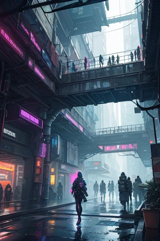 A girl exploring the mysterious Mégalopole Souterraine, best quality, realistic lighting, underground city, intricate details, vibrant colors, cyberpunk aesthetics, futuristic architecture, neon lights, bustling crowd, flying vehicles, holographic advertisements, steam rising from grates, rain-soaked streets, damp and dark corners, winding tunnels, abandoned subway stations, secret hideouts, robotic humanoid workers, metallic surfaces, glass skyscrapers piercing the ceiling, fluorescent fungi illuminating the pathways, hidden passages, towering waterfalls cascading down the walls, reflections on wet surfaces, dense atmosphere filled with excitement and adventure.