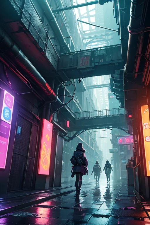 A girl exploring the mysterious Mégalopole Souterraine, best quality, realistic lighting, underground city, intricate details, vibrant colors, cyberpunk aesthetics, futuristic architecture, neon lights, bustling crowd, flying vehicles, holographic advertisements, steam rising from grates, rain-soaked streets, damp and dark corners, winding tunnels, abandoned subway stations, secret hideouts, robotic humanoid workers, metallic surfaces, glass skyscrapers piercing the ceiling, fluorescent fungi illuminating the pathways, hidden passages, towering waterfalls cascading down the walls, reflections on wet surfaces, dense atmosphere filled with excitement and adventure.