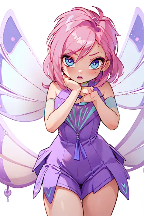 (flowed:1.5), (fairy wings), pink hair, blue eyes, short hair, purple outfit, (solid white background, white background:1.5), (r...