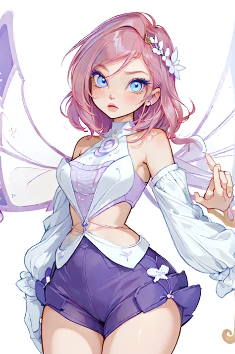 (flowed:1.5), (fairy wings), pink hair, blue eyes, short hair, purple outfit, (solid white background, white background:1.5), (m...