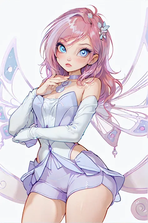 (flowed:1.5), (fairy wings), pink hair, blue eyes, short hair, purple outfit, (solid white background, white background:1.5), (m...