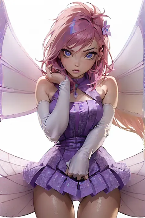 (flowed:1.5), (fairy wings), pink hair, blue eyes, short hair, purple outfit, (solid white background, white background:1.5), (m...