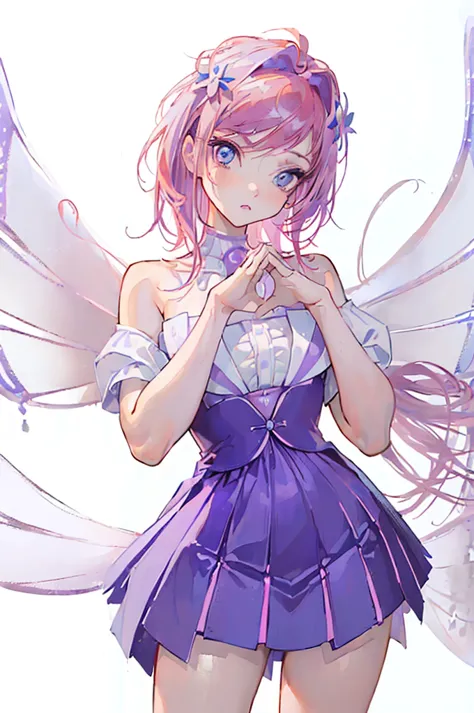 (flowed:1.5), (fairy wings), pink hair, blue eyes, short hair, purple outfit, (solid white background, white background:1.5), (m...