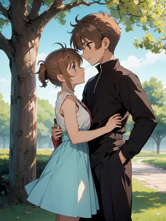 Beso de sakura y syaoran, rain under the tree, syaoran boy 