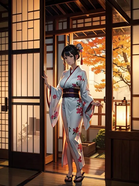 Hot naked woman in a kimono with GIANT  and out in a Japanese house during night