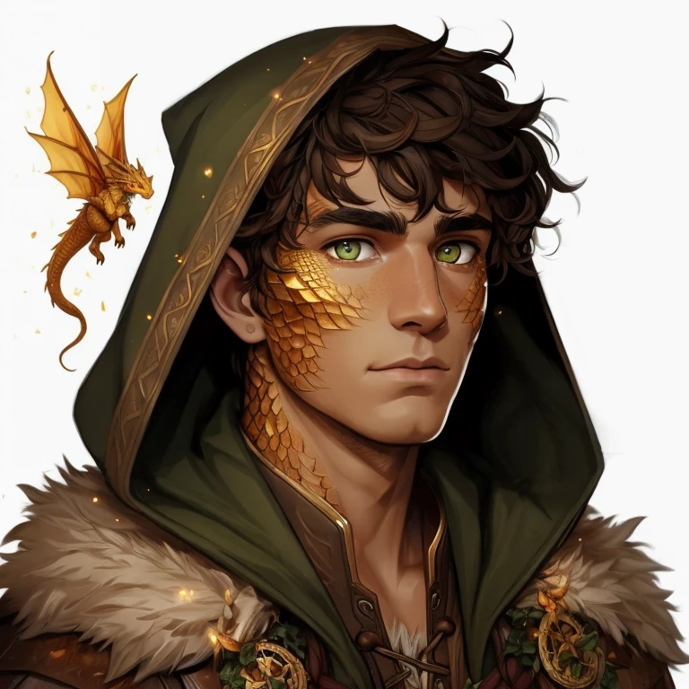 A young man with tanned skin, curly short brown hair, golden eyes and hairy chest. The skin on his face has a lot of golden shiny dragon scales. He uses druid clothes with a hood and has a manly face