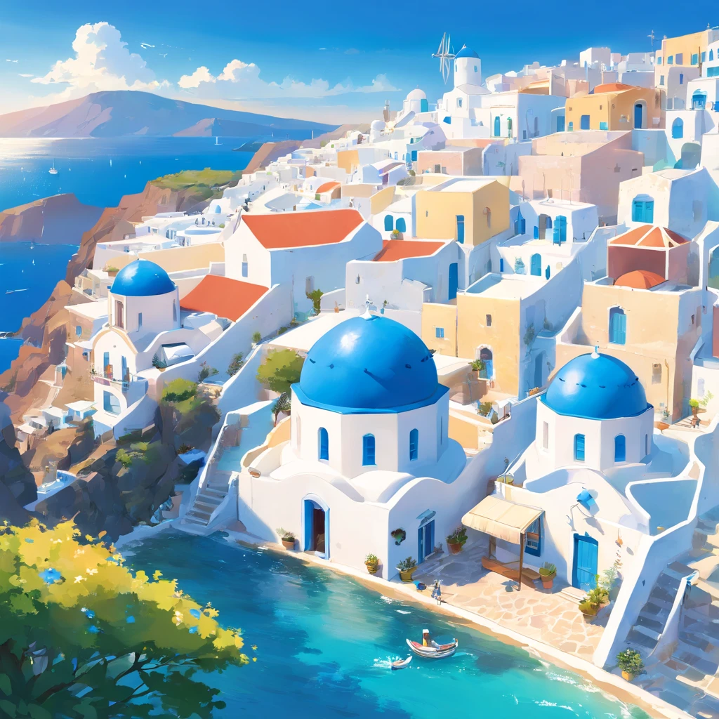 mesa, Mejor calidad,​obra maestra, en Santorini, village at the beach,  (((only houses and builds with blue domed roofs and white walls))), town with a low density of houses, (((coral barrier at the sea)))