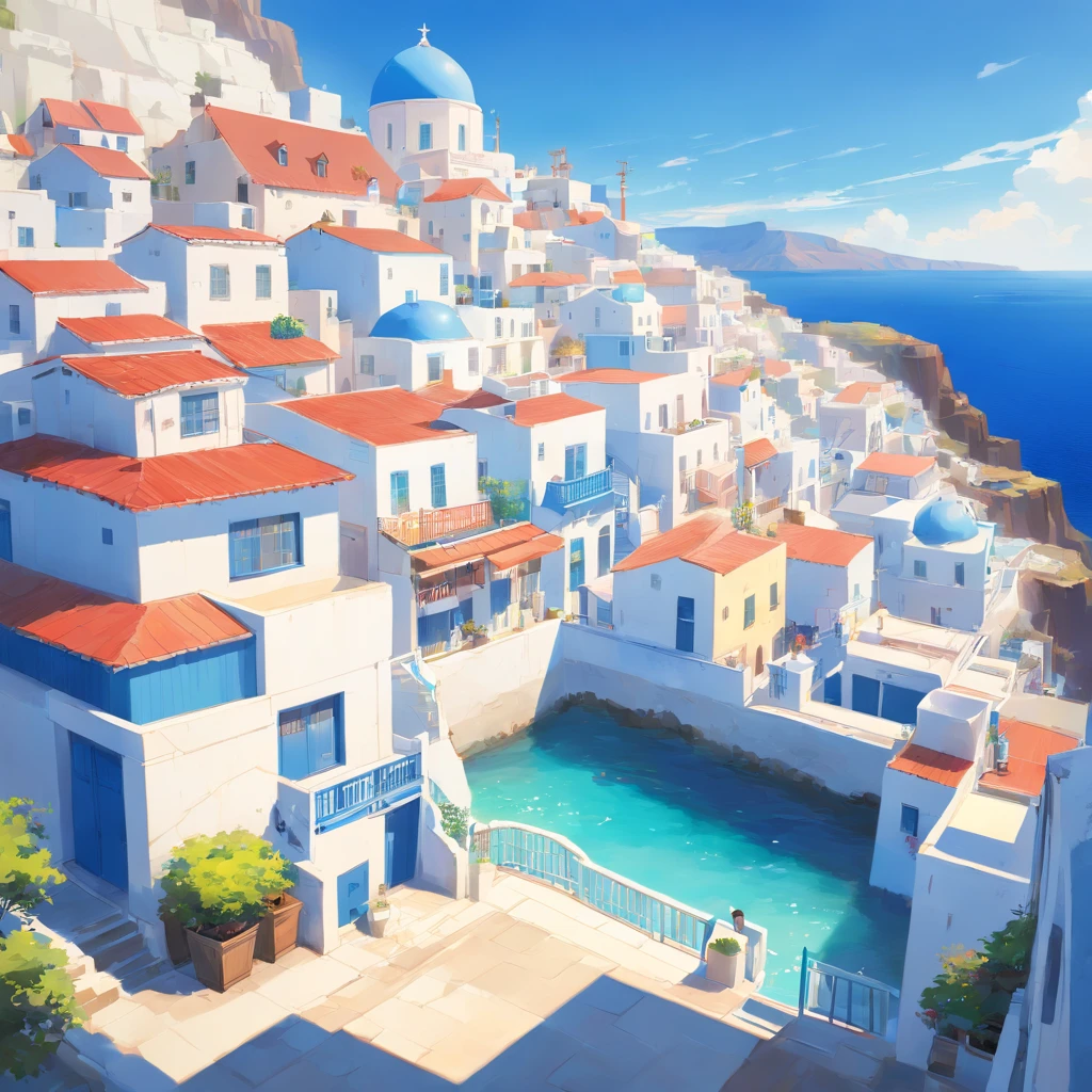 mesa, Mejor calidad,​obra maestra, en Santorini, village at the beach,  (((only houses and builds with blue domed roofs and white walls))), town with a low density of houses, (((coral barrier at the sea)))