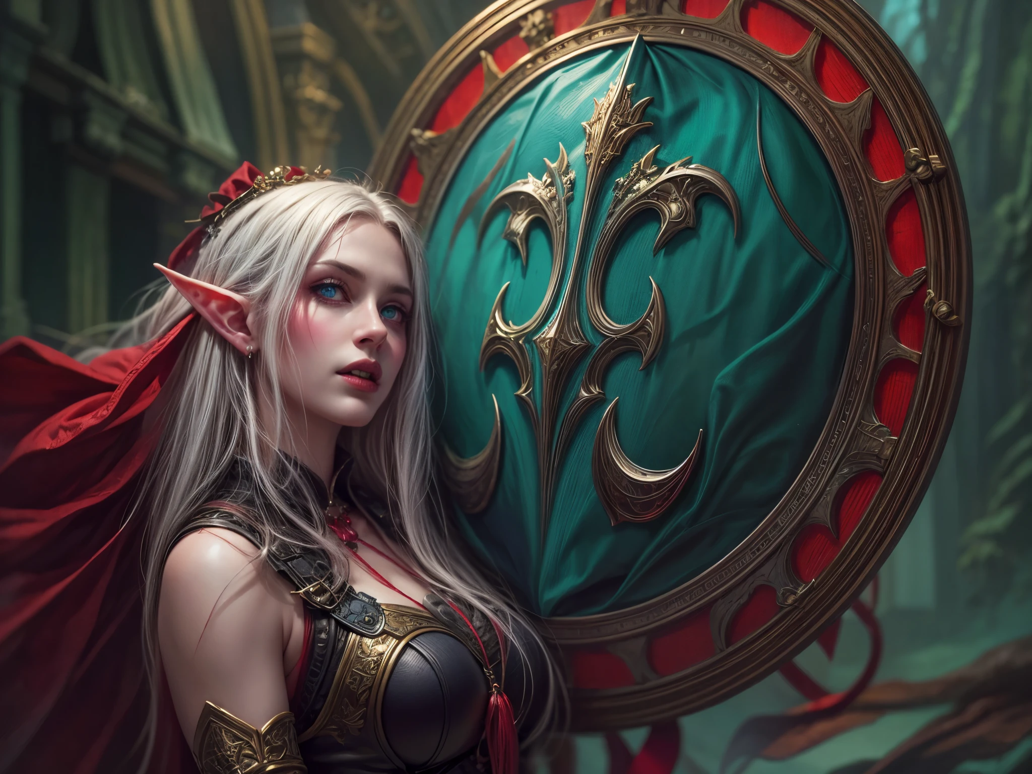 fantasy art, dnd art, RPG art, wide shot a picture of a shield (masterpiece, best quality, best details: 1.5) hanging on the wall, the shield is decorated with artful image of  beautiful female vampire elf, blood dripping, vampiric fangs, with a long curvy hair, light color hair, blue eyes, high details, best quality, 16k, [ultra detailed], masterpiece, best quality, (extremely detailed), close up, photorealistic, RAW, fantasy art, dnd art, fantasy art, realistic art,