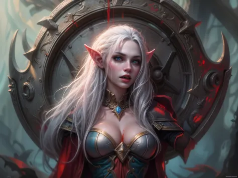 fantasy art, dnd art, RPG art, wide shot a picture of a shield (masterpiece, best quality, best details: 1.5) hanging on the wall, the shield is decorated with artful image of  beautiful female vampire elf, blood dripping, vampiric fangs, with a long curvy...
