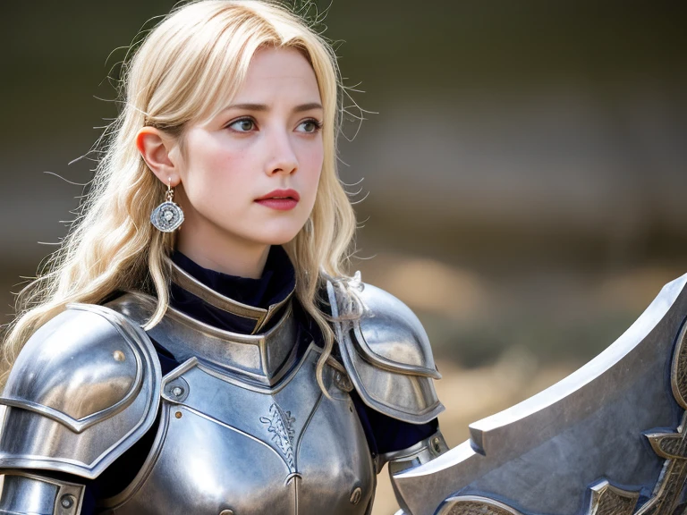 1 girl, Middle Earth Paladin ,Wearing armor ,Magic sword and powerful shield, Detail armor, Rusty armor, chain armor, Queen's Crown, Fight goblins to protect innocent villagers, witch, short, thin, square face, olive skin, platinum blonde, golden eyes, short Nose, thin Lips, round chin, Shoulder length hair, curls, blunt bangs, soft breasts, hug earrings, lavender satin lipstick, volcanic wasteland, River of fire flows into molten sea, (close up:1), (look at the audience),8k, (best quality:1.2), (masterpiece:1.37), (photo, photorealistic:1.37), (ultra high resolution), photographed by Canan EOS R6, 135mm, 1/1/2.8, ISO 400