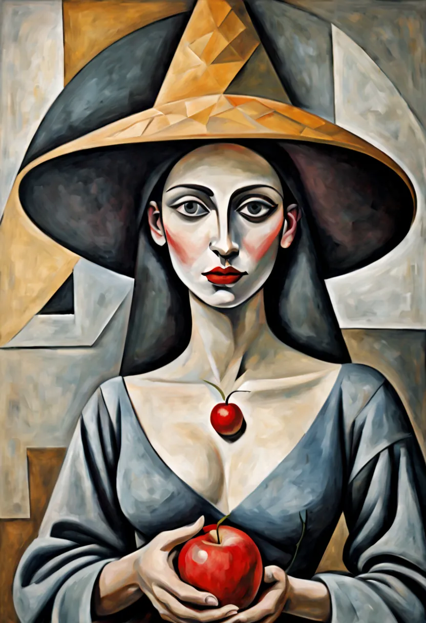 Neo Surrealism, painting of a woman with a red apple in her hand, cubist Picasso, Pablo Picasso painting, style of Picasso, by A...