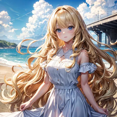 High quality, Blonde haired anime girl, With wavy long hair, With Bangs, Cute, Sexy, White dress, Blue eyes, Annoyed, Angelic, H...