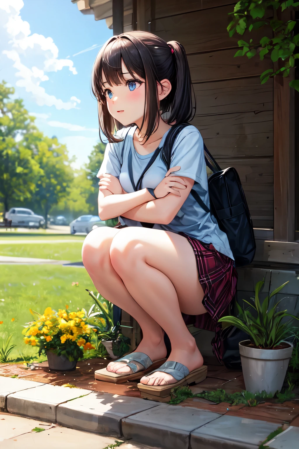 Anime girl sitting on a porch with her arms crossed - SeaArt AI