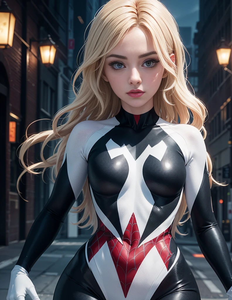 Ghost Spider, Gwen in a black costume with a white spider in the center of her chest, organic looking outfit, sticky forehead, symbiote, White eyes, Fine art, ,Highly detailed cinematic rendering, ultra photorealistic raytricing, With cinematic lighting、Anne Hathaway